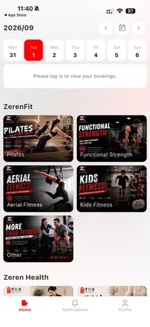ZerenFit App home screen with class categories and Zeren Health services