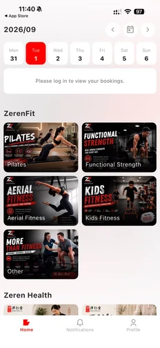 ZerenFit App home screen showing class categories and Zeren Health services